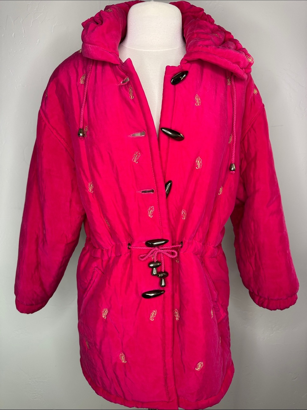 Women's Pink Toggle Coat Jacket With Gold Embroidery and Cinching